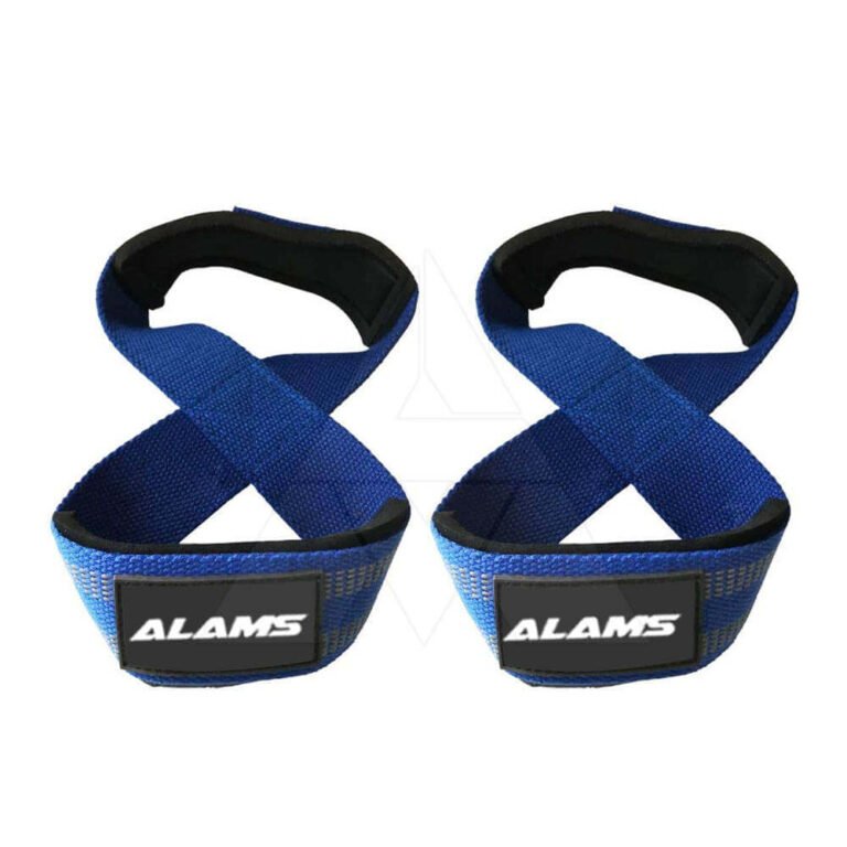 figure-8 powerlifting straps double-loop wrap, figure-8 straps on axle bar detail, custom figure-8 powerlifting straps with logo branding