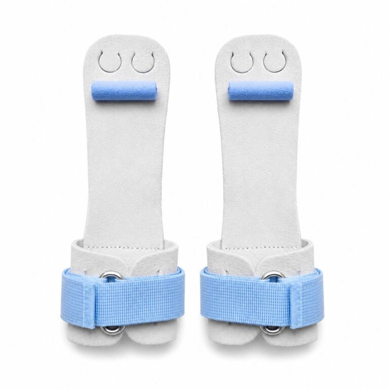 dowel grips leather palm protection for pull-ups, dowel grips wrist strap and buckle detail, dowel grips in white and blue custom colors