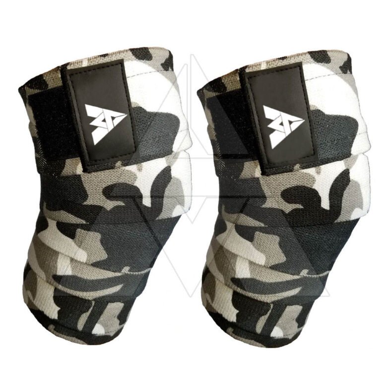 knee wraps used during squat exercise, knee wraps wrapped around knee, knee wraps compression support detail